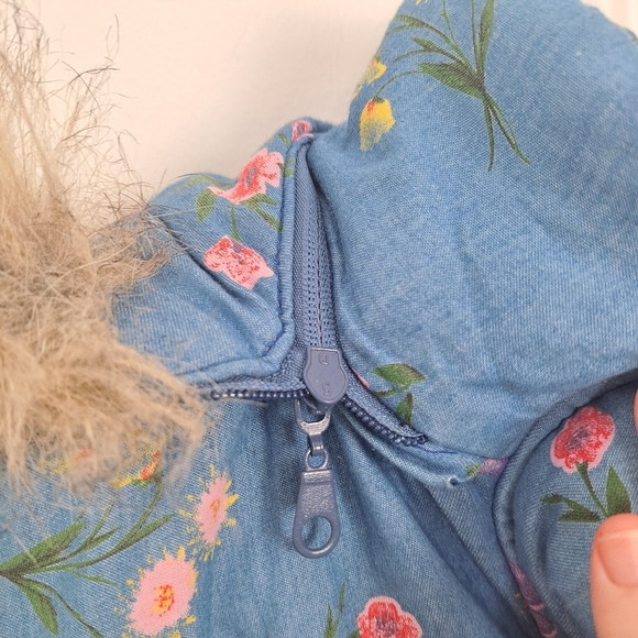Eve Blue Colorful Floral Quilted Fur Trim Hood Cute Girly Zip Up Coat Size M - Picture 7 of 8